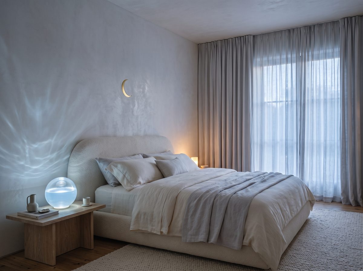 Moon-tuned bedroom with pearl sphere