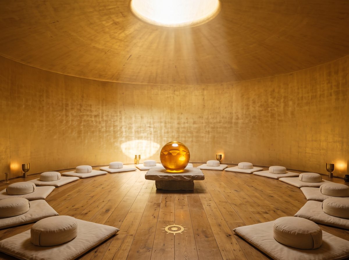 Sun-tuned circular meditation hall